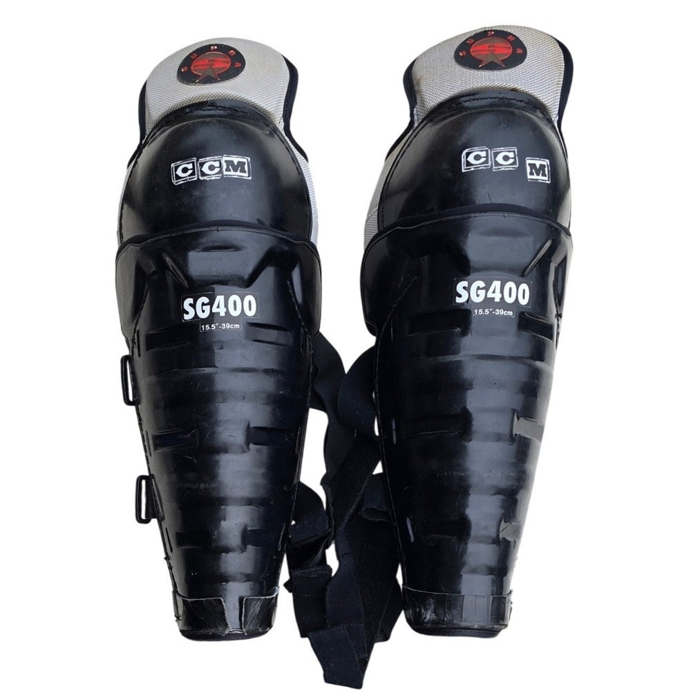 CCM SG400 Hockey Shin Guards Protection Black Youth Size wel worn need repair